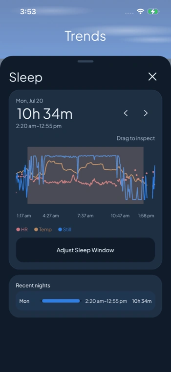 Ray on iPhone: sleep detail with an overnight heart-rate, temperature and stillness graph