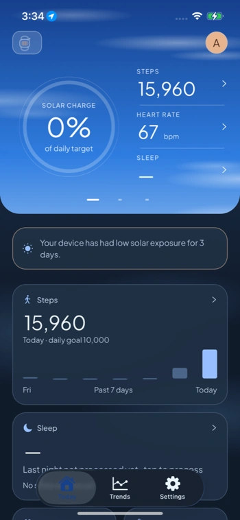 Ray on iPhone: Today screen with a solar-charge dial, heart rate and weekly steps